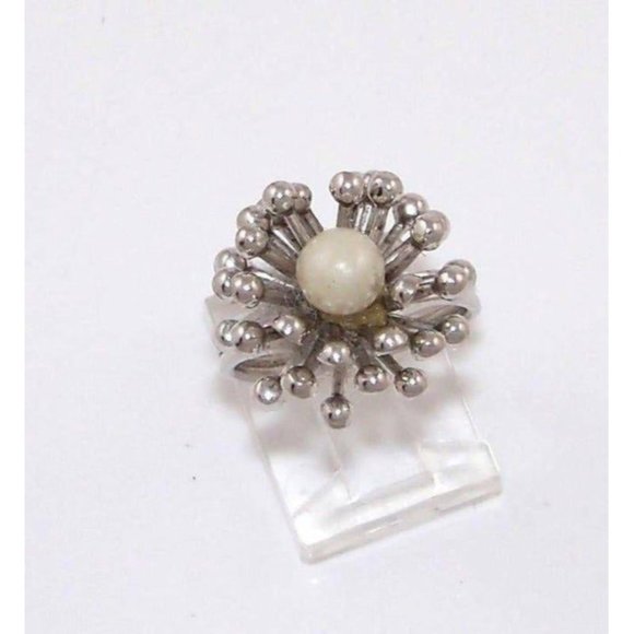 Beau Sterling Silver Faux Pearl Star Burst Ring Size 5 Adjustable - Picture 1 of 3